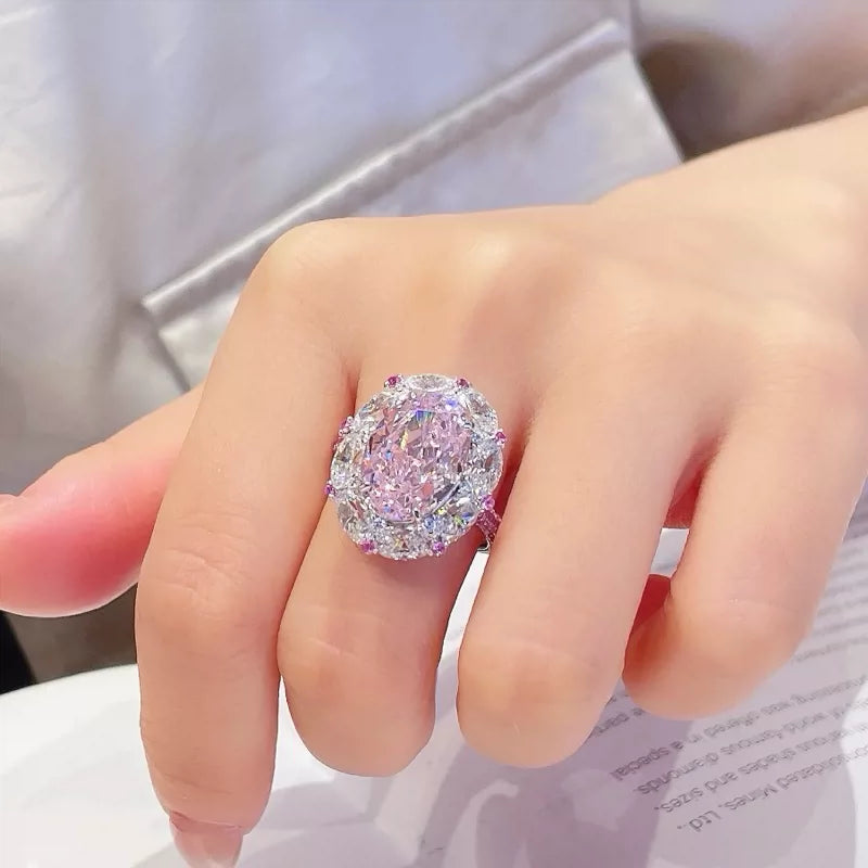 3Pcs Cubic Zirconia 925 Silver Jewelry Set for Women Pink  Pendant Necklace Earrings Rings Set