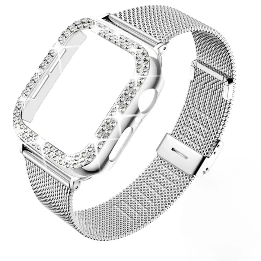 Stainless Steel Mesh bands Compatible For Apple Watch 44mm,Women Bling Protective Crystal Diamond Case with Loop Mesh Strap For Apple watch Series 6/SE/5/4(No Tool Needed)