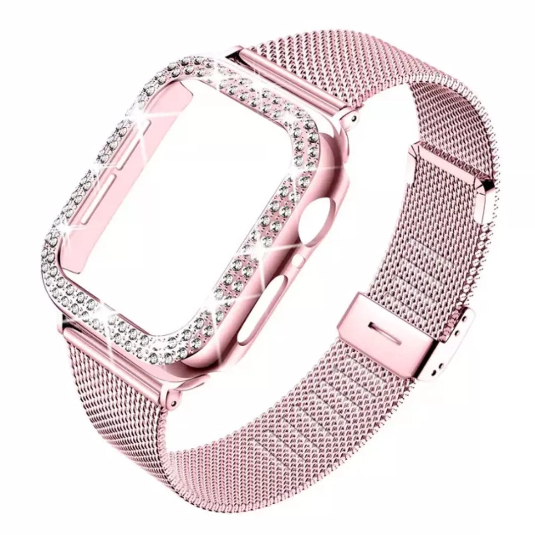 Stainless Steel Mesh bands Compatible For Apple Watch 44mm,Women Bling Protective Crystal Diamond Case with Loop Mesh Strap For Apple watch Series 6/SE/5/4(No Tool Needed)