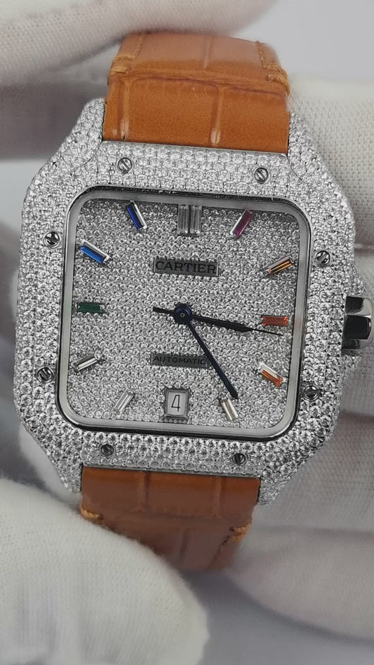 Pavé Set Natural Diamonds Watch Case For Santos DE Cartier 47.5*39.8mm Automatic Mechanical Watch
